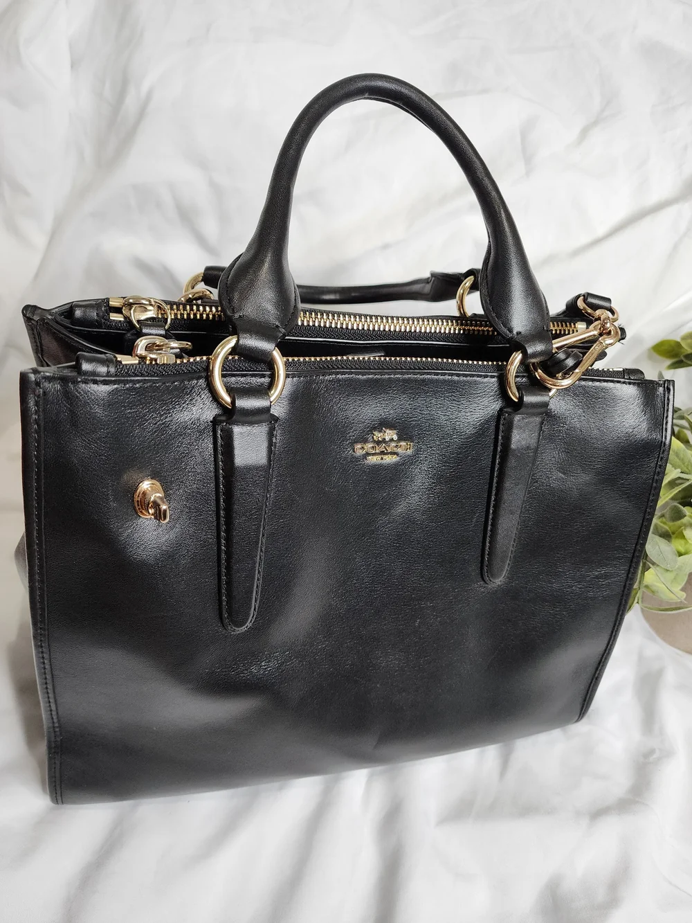 COACH Black Leather Double Zip Satchel Bag Gold Hardware Shoulder Carryall Excel